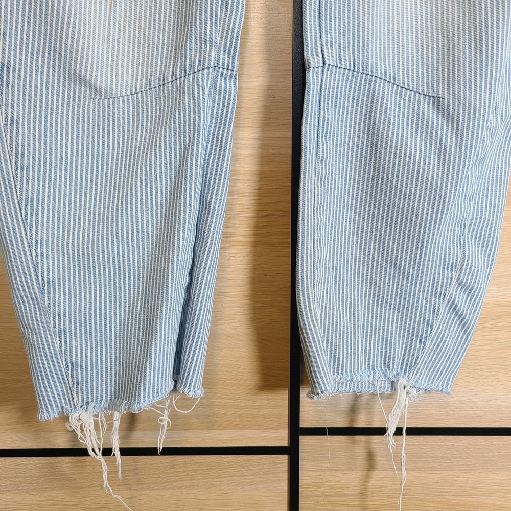 SO High Rise Barrel Jeans Women 0/24W Blue White Hickory Railroad Stripe Raw Hem - Picture 3 of 14